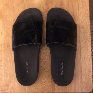 Patent leather slip ons